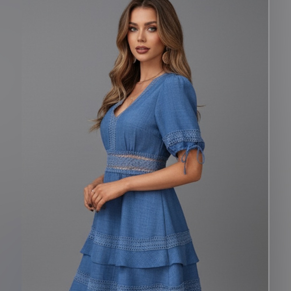 Lace Insert Trim Puff Sleeve Mini Dress Blue - Picture 4 of 9